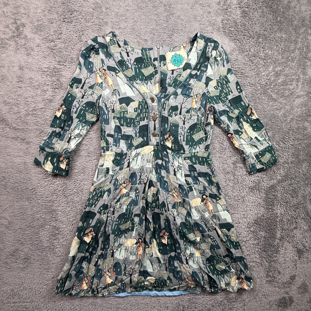 Y2K Parisian Artsy Whimsical Music Cityscape Dress Womens XS Blue Button Front